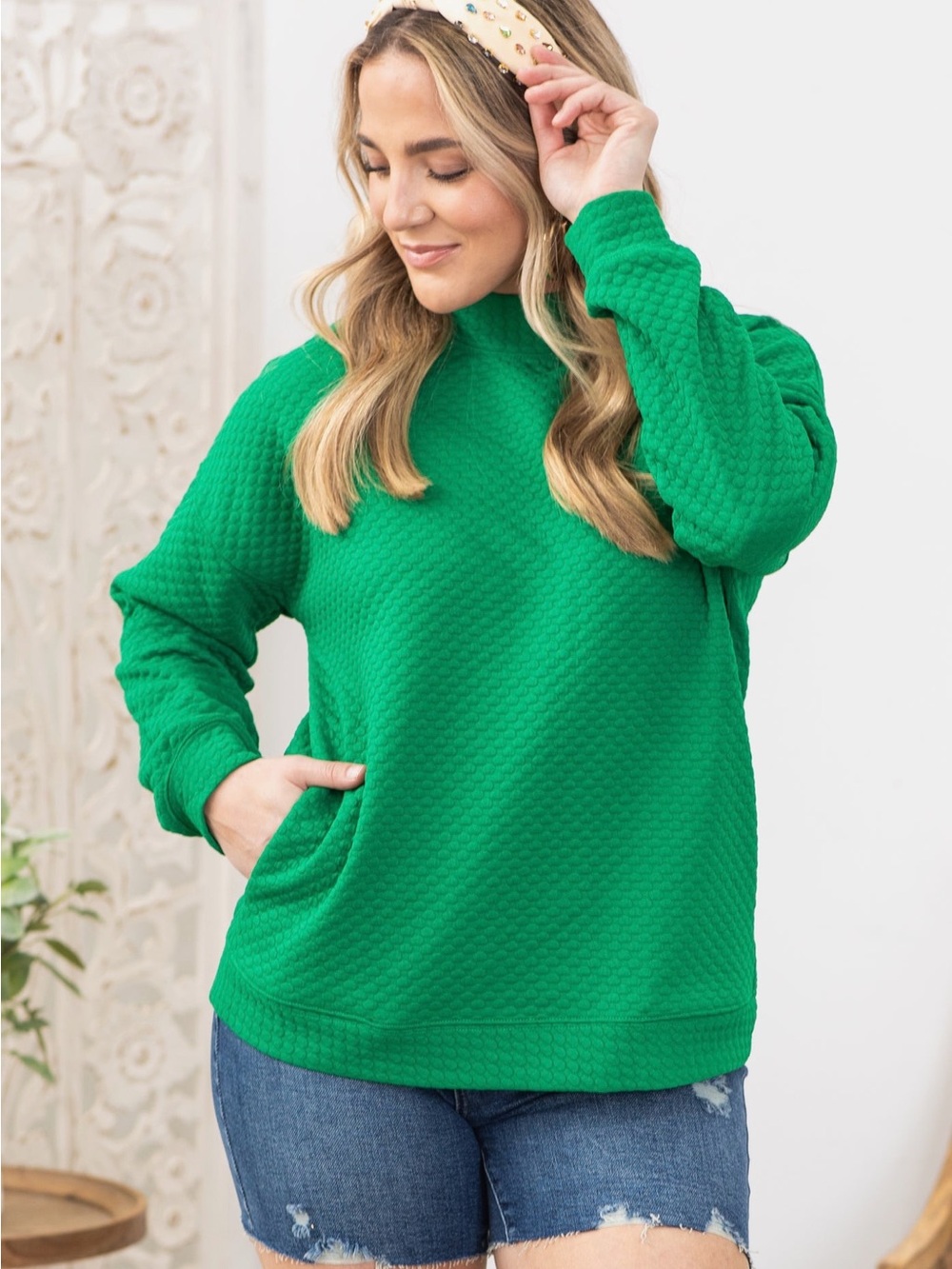 JODIFL Textured Mock Neck Pullover Size 1X Green
